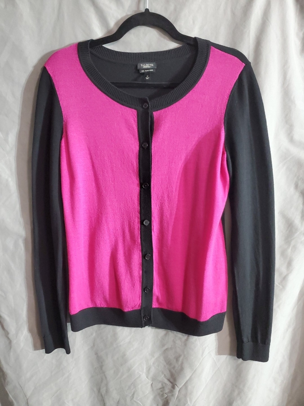 Talbots Women's Med Color Block Cardigan Button Sweater Pink Black Merino Wool